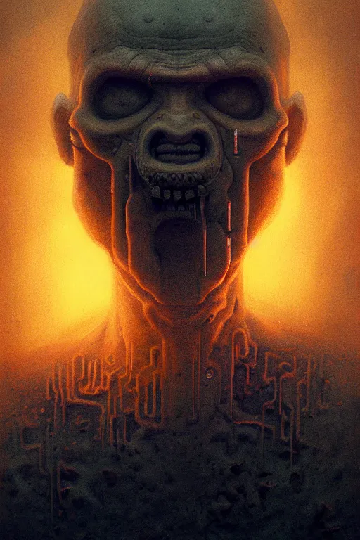 Image similar to portrait of doom guy, heroic pose, by Zdzislaw Beksinski, gothic, amazing details, volumetric lighting, 8k, cold hue's, warm tone gradient background