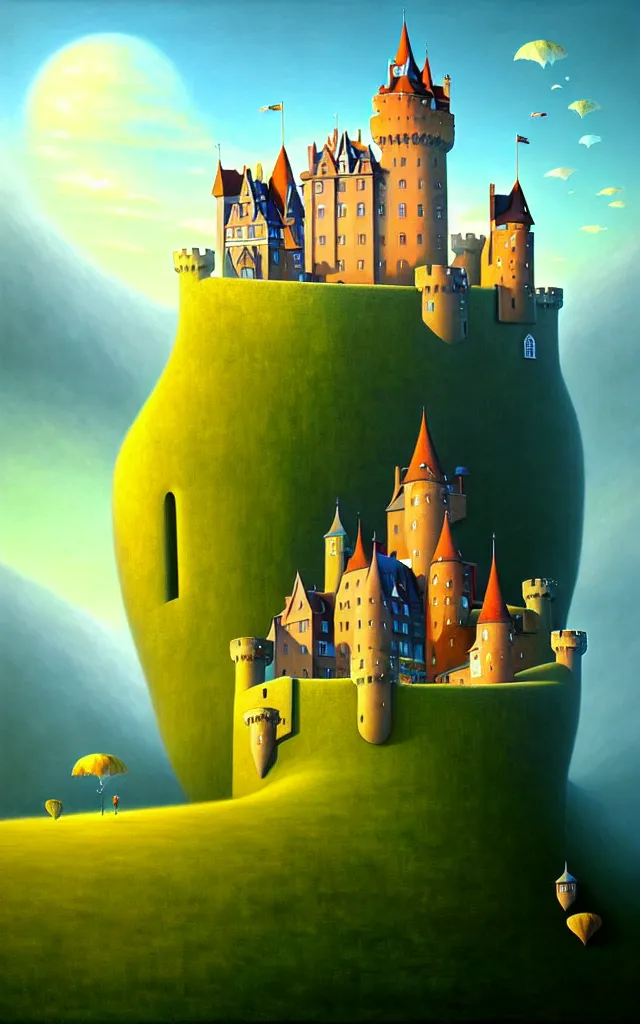 Image similar to close view of a castle an oil on canvas portrait painting of world castle happy place, volumetric light godray, surrealism, surrealist, impossible geometry, rob gonsalves, high detail fantastic gediminas pranckevicius