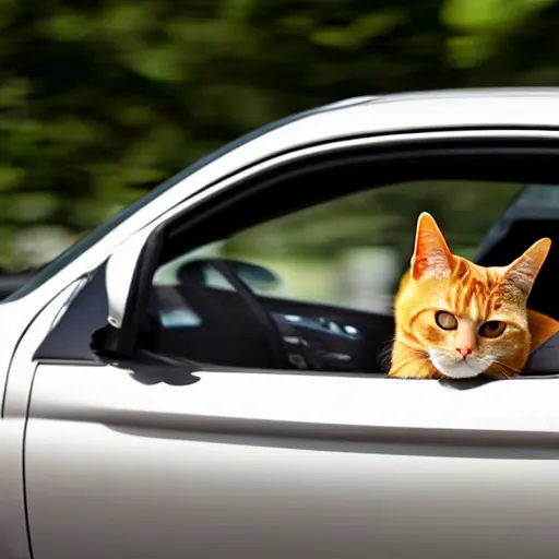 Image similar to an orange tabby cat driving a car