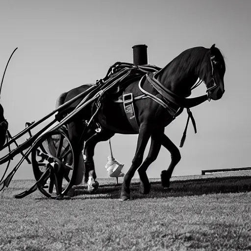 Image similar to a horse pulling a canon. the canon is harnessed to the horse and towed