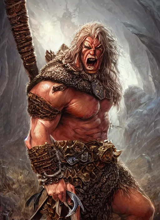 Image similar to enraged barbarian, ultra detailed fantasy, dndbeyond, bright, colourful, realistic, dnd character portrait, full body, pathfinder, pinterest, art by ralph horsley, dnd, rpg, lotr game design fanart by concept art, behance hd, artstation, deviantart, hdr render in unreal engine 5