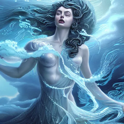 Prompt: powerful goddess of water clothed in swirling water striding through a stormy sea, dress made of water, highly detailed matte fantasy painting, rendered in octane, stormy lighting, by ross tran, by artgerm, by david suh, by peter mohrbacher