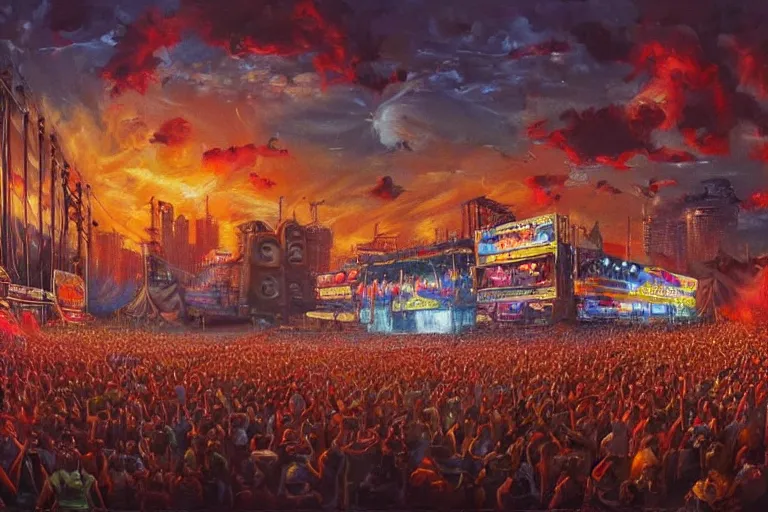 Prompt: 4 k hyper realistic oil painting of 1 9 8 0 s city at a music festival, huge stage and a big speaker array in the sky booming heavy metal music, a band of heavy metal playing on stage, detailed painting in the style of axel aabrink