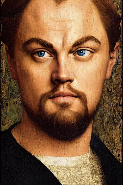 Image similar to portrait of leonardo dicaprio, oil painting by jan van eyck, northern renaissance art, oil on canvas, wet - on - wet technique, realistic, expressive emotions, intricate textures, illusionistic detail