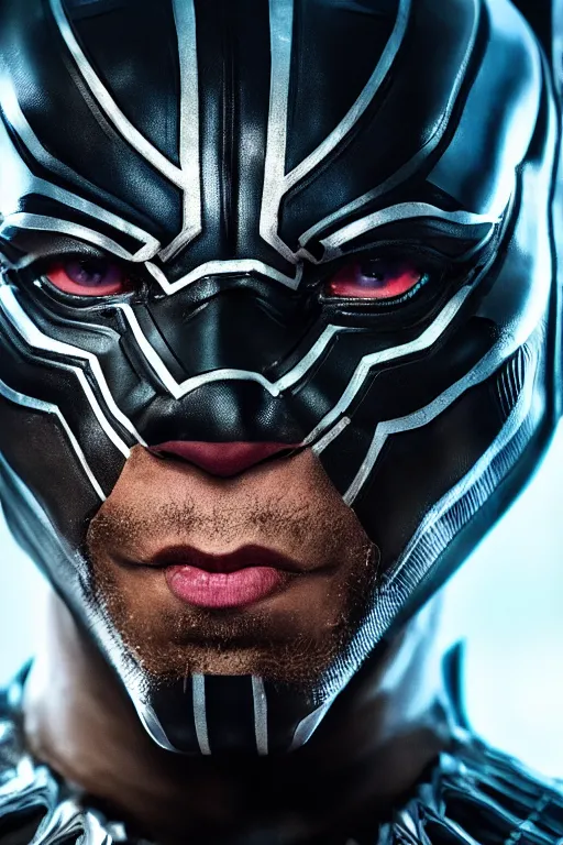 Image similar to A still of Sam Hyde as Black Panther, close-up, sigma male, rule of thirds, award winning photo, unreal engine, studio lighting, highly detailed features, thunder and lighting, ethereal backdrop