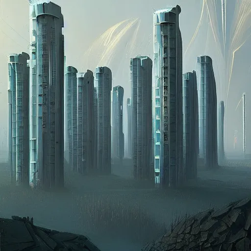 Image similar to tall futuristic buildings by Raphael Lacoste and Simon Stålenhag