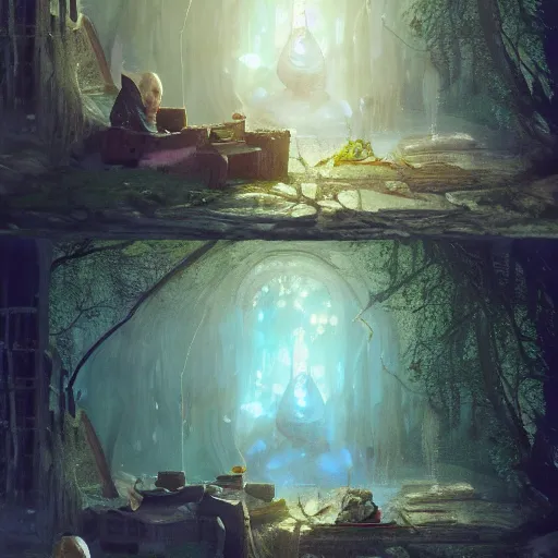 Image similar to house of little wizards, magical world, by greg rutkowski, sung choi, photo realistic, 8 k, cinematic lighting, hd, atmospheric, hyperdetailed, trending on artstation, devainart, digital painting, glow effect