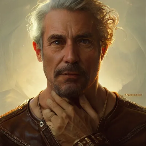 Image similar to portrait of jean baudrillard, soft hair, muscular, half body, leather, d & d, fantasy, intricate, elegant, highly detailed, digital painting, artstation, concept art, smooth, sharp focus, illustration, art by artgerm and greg rutkowski and alphonse mucha