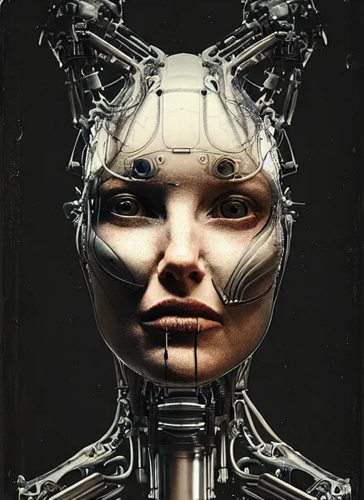 Image similar to a female cyborg profile face, by h. r. giger, by ismail inceoglu, by kiki smith, glamor shot, ambrotype, closeup, f / 2. 8, low contrast, 1 6 k, rim lighting, cinematic lighting, insanely detailed and intricate, hypermaximalist, elegant, ornate, hyper realistic, super detailed