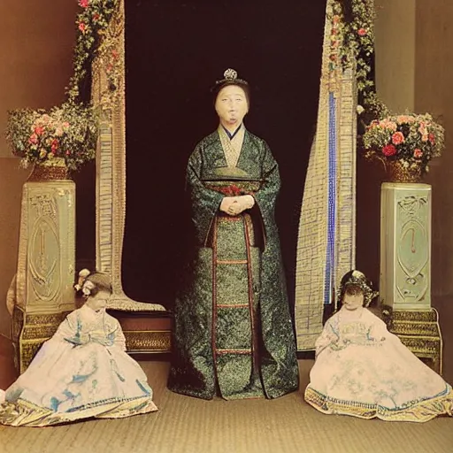 Image similar to a wide full shot, colored russian and japanese mix historical fantasy of a photograph portrait taken of a royal wedding processional ceremony, photographic portrait, warm lighting, 1 9 0 7 photo from the official wedding photographer for the royal wedding.