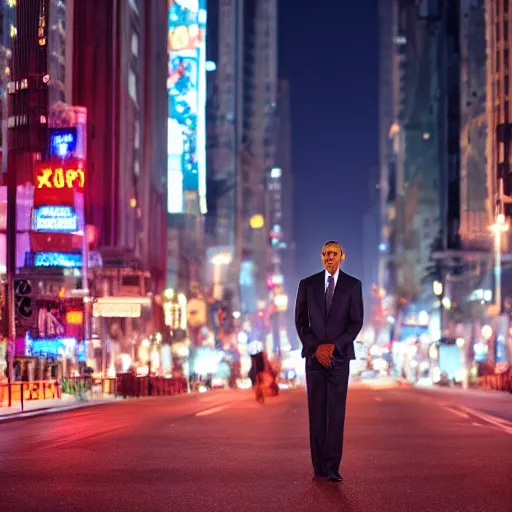 Image similar to a still of Barak Obama. Shallow depth of field. City at night in background, lights, colors ,studio lighting, mood, 4K. Profession photography