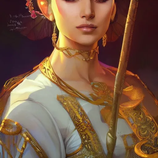 Image similar to indo-persian princess, D&D, painted fantasy character portrait, highly detailed, digital painting, artstation, concept art, sharp focus, illustration, art by artgerm and greg rutkowski and alphonse mucha