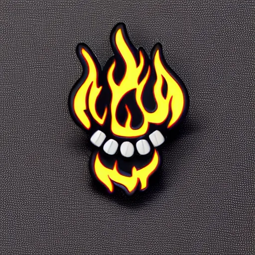 Image similar to a retro minimalistic laughing joyful skull with fire flame enamel pin, hd, concept art