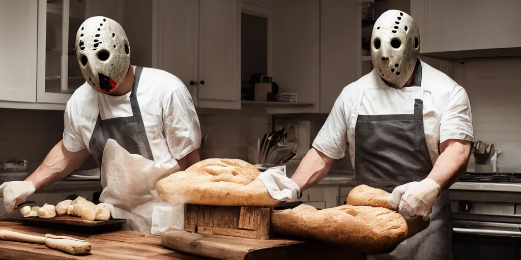 Image similar to jason voorhees in the kitchen, wearing an apron, baking a loaf of bread, ultrafine detail, mid day lighting