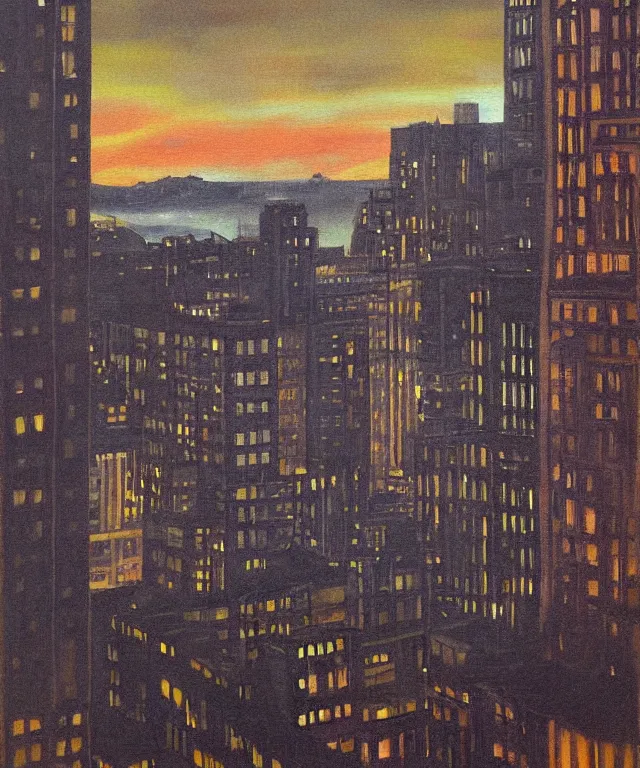 Image similar to horrifying full color photorealistic painting of the view of a warped downtown 1 9 2 5 boston at night with a cosmic sky viewed from a hotel balcony, dark, atmospheric, brooding, smooth, finely detailed, cinematic, epic, in the style of lee gibbons