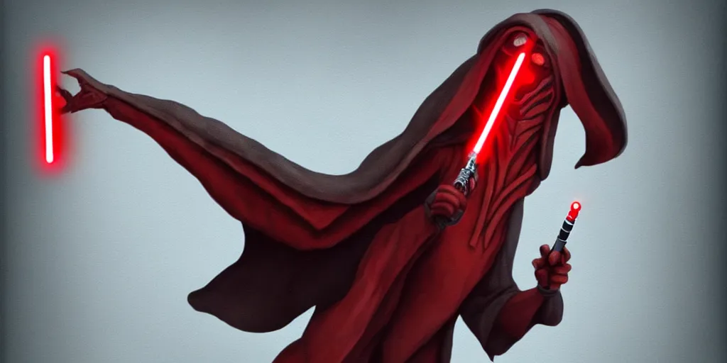 Prompt: jar jar binks as a sith lord, holding a red lightsaber, in the style of artstation
