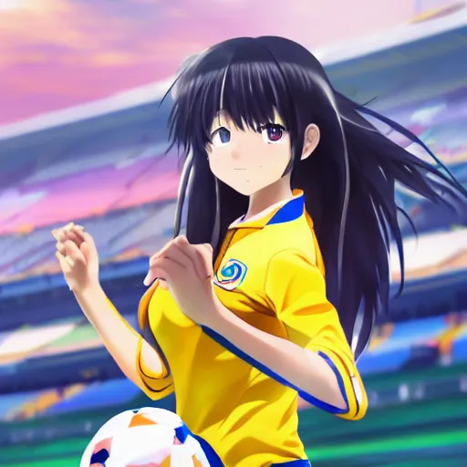 Image similar to Anime girl wearing the National Colombian Soccer Team uniform , Artwork by Makoto Shinkai, official media, 8k, pixiv, high definition, wallpaper, hd, digital artwork