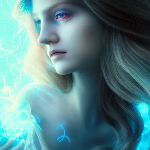 Image similar to beautiful angel, full body, flowing hair, blue eyes, beautiful aesthetic, mystery, by james jean, trending on artstation, digital art, cinematic lightning, octane render, ultra high detail, ultra realistic