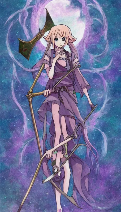 Image similar to a beautiful link drawing of the being death as a cute anime girl with a giant scythe from a studio ghibli film inspired by the death tarot card, dark vibes, pastel colors