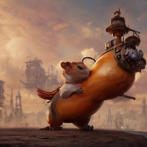 Image similar to oil painting of steampunk hamster, riding on giant duck, steampunk city background, sharp focus, fantasy style, octane render, volumetric lighting, 8k high definition, by greg rutkowski, highly detailed, trending on art Station, explosions, magic the gathering artwork, centered