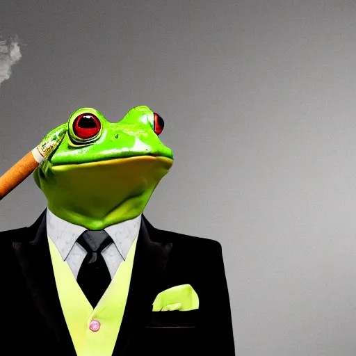 Image similar to a high detail closeup photograph of a 🐸 wearing a suit 👔,and smoking a cigarrette🚬, award wining photograph