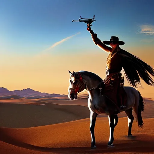 Image similar to gunslinger on a horse overlooking the desert, by Bruce Trimm and Eric Radomski