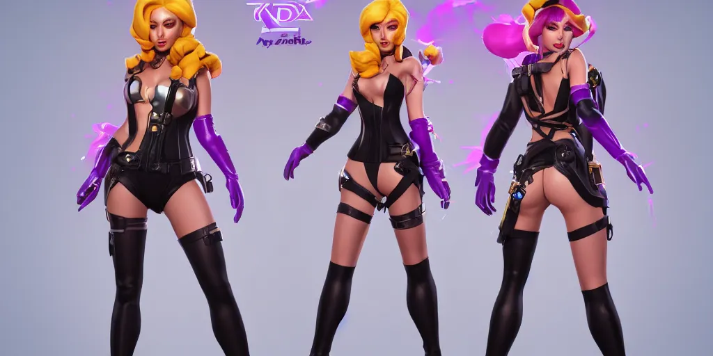 Image similar to character sheet of beautiful KDA More Miss Fortune (wild rift). 3d render, octane render, realistic, highly detailed, trending on artstation, 4k, trending on artstation, pixar, cgsociety, unreal engine 5, redshift render, trending on artstation, blender, behance, cg