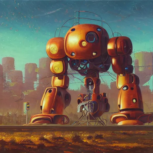 Image similar to an intricate oil painting of a giant anime robot with rounded and circular parts by simon stalenhag