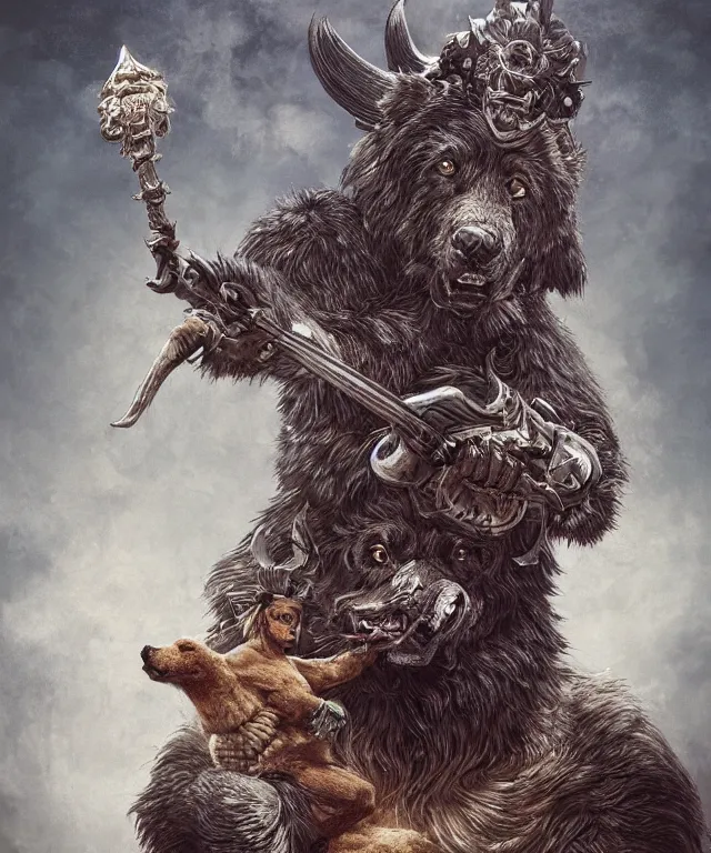 Prompt: an anthropomorphic dog warrior holding a bear's head, crisp 8 k line art, digital painting, artstation, unreal engine, octane render, emissive lighting, concept art, matte, sharp focus, hyper realistic lighting, illustration, art by junto ito and takato yamamoto and philippe druillet and gerald brom