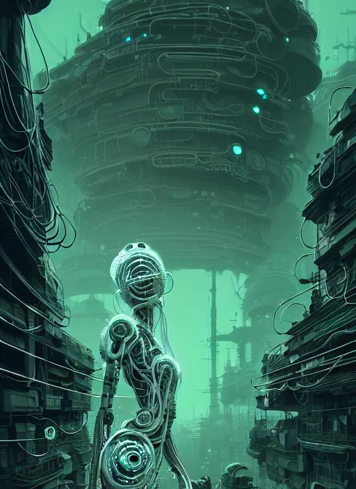 Prompt: highly detailed portrait of a biopunk long curly white hair tribal lady, stray wiring by atey ghailan, james gilleard, by joe fenton, by greg rutkowski, by greg tocchini, by kaethe butcher, 4 k resolution, gradient green, black and white color scheme!!! ( ( green caustic robotic dystopian city background ) )