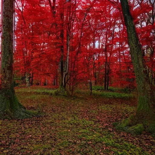 Prompt: land between trees and nowhere. red, cyan