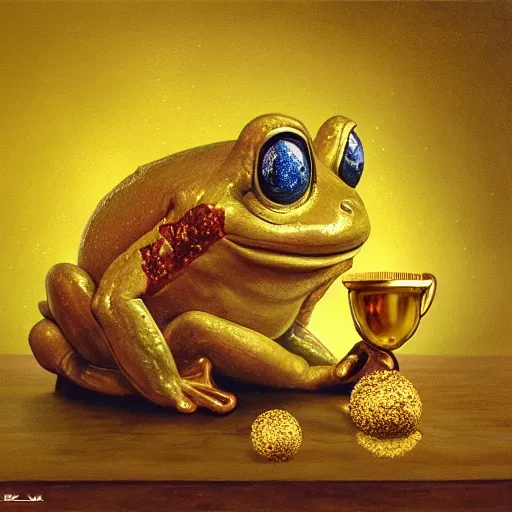 Prompt: a cute frog throws golden metal balls into a cup of coffee, by esao andrews, by m. w. kaluta, volumetric light, rich colors, very humorous oil painting, realistic reflections, smooth, concept art, depth perception, high depth of field, 4 k, unreal engine 5, ultradetailed, hyperrealistic, artstation