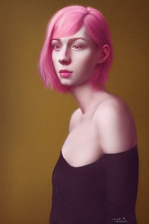 Prompt: “Portrait of a beautiful pale skin Nordic female with short pink hair, elegant, photorealistic, highly detailed, artstation, smooth, sharp focus, gold ornaments, neon lighting, sci-fi, art by Klimt.