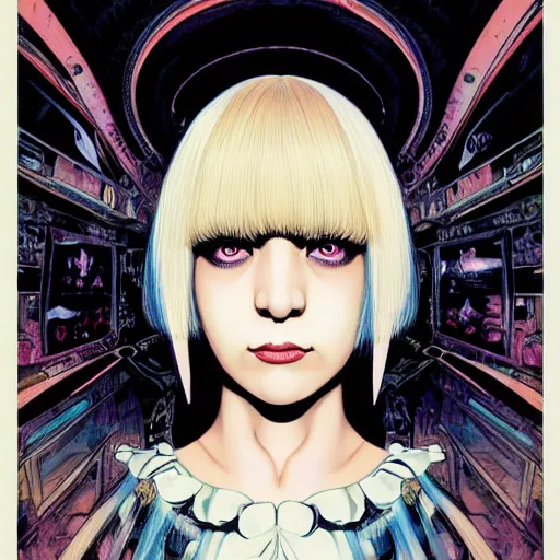 Image similar to portrait of crazy sia kate isobelle furler, symmetrical, glamour, by yoichi hatakenaka, masamune shirow, josan gonzales and dan mumford, ayami kojima, takato yamamoto, barclay shaw, karol bak, yukito kishiro, artgerm