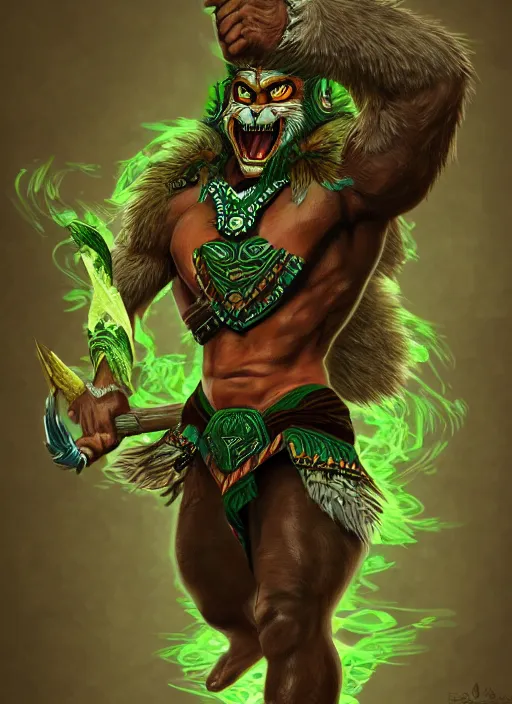 Image similar to a highly detailed illustration of fierce aztec tribal boy wearing green wolf mane, heroic roaring wielding aztec club pose, muscular, intricate, elegant, highly detailed, centered, digital painting, artstation, concept art, smooth, sharp focus, league of legends concept art, wlop