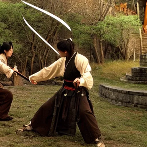 Prompt: xianxia fantasy, wuxia, xuanhuan martial artist fighting european knight, chinese swordsman fighting medieval european swordsman, fantasy, wuxia, pseudo - medieval fantasy, cinematic, 1 9 8 6 movie screenshot, french swordsman fighting chinese swordsman