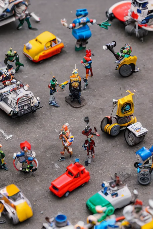 Image similar to high quality presentation photo of a a detailed miniature diorama of retro toy robots invading a detailed model of a 1950s town, photography 4k, f1.8 anamorphic, bokeh, 4k, Canon, Nikon