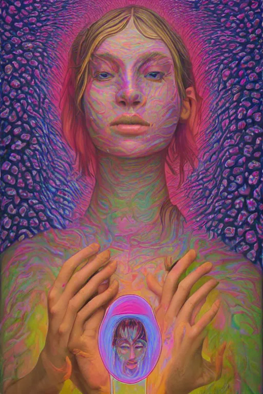 Image similar to acid tripping midsommer girl third eye open, chakra energy waves resonating from her body, ethereal aura, epic surrealism 8k oil painting, portrait, perspective, high definition, post modernist layering, by Sean Yoro, Casey Weldon