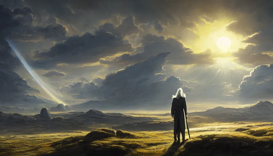 Prompt: a beautiful painting of gandalf watching a huge sun in the sky of an alien world, ray traced lighting by jean kalin popov and greg rutkowski