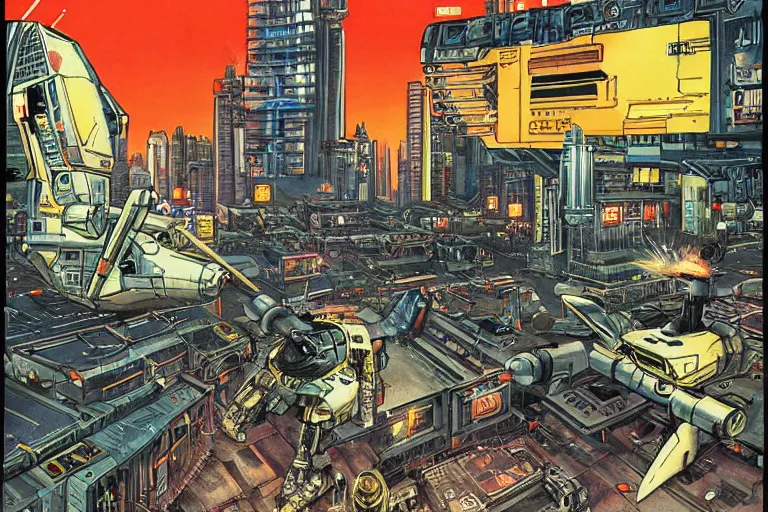 Image similar to 1 9 7 9 science fiction depicting mechwarrior in neo - tokyo. art by tim conrad and vic bonilla