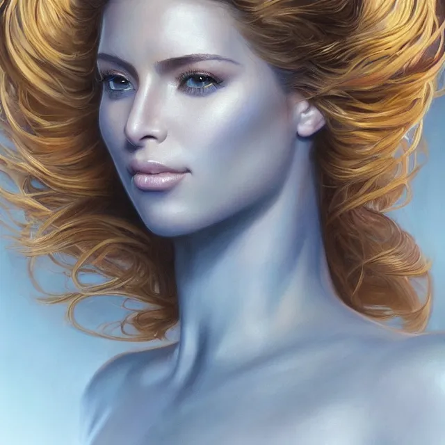 Image similar to Portrait of a mystical kim kardashian. Bright blue eyes, blonde hair, porcelain skin, full lips, oily chest, Fantasy art by artgerm and greg rutkowski and alphonse mucha, intricate, elegant, highly detailed, dramatic lighting, digital painting, concept art, illustration, award winning on artstation, D&D, AD&D.