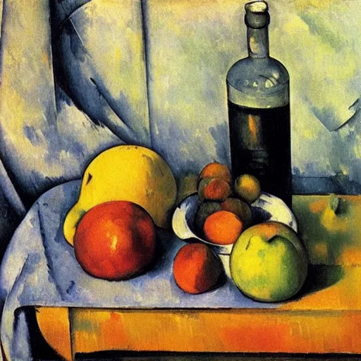 Prompt: still life of fruit, Gatorade and big Macs by Cezanne