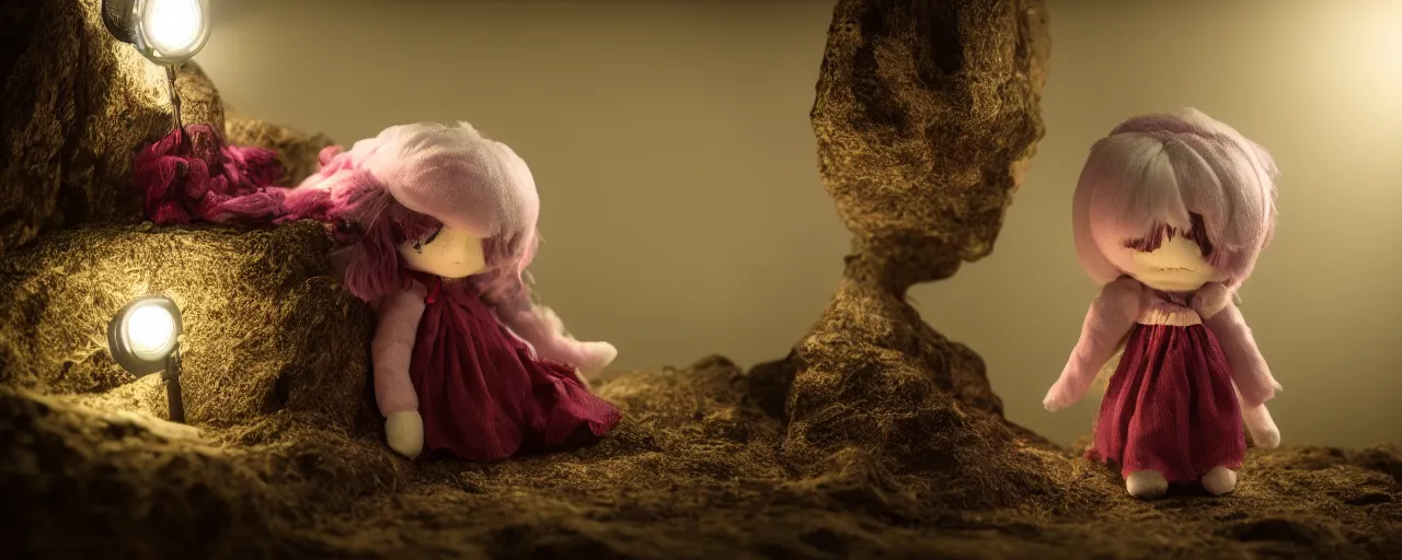 Prompt: cute fumo plush wraith girl lit by a flashlight, grainy found footage, trail cam footage, bokeh f / 2. 5, vray