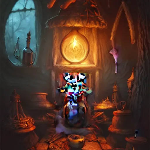 Image similar to Cat Witch, evil, brewing potion in witch Hut, magic the gathering artwork, horror, D&D, fantasy, cinematic lighting, centered, symmetrical, highly detailed, digital painting, artstation, concept art, smooth, sharp focus, illustration, volumetric lighting, epic Composition, 8k, art by Akihiko Yoshida and Greg Rutkowski and Craig Mullins, oil painting, cgsociety