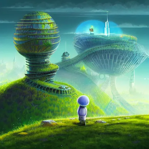 Image similar to gediminas pranckevicius an adventurous boy ( facing the camera ) and his small robot friend, futuristic city backgrond, eleborate composition with foreground and background, depth of field, fantasy illustration by kyoto studio, don bluth!!!, square enix, cinematic lighting