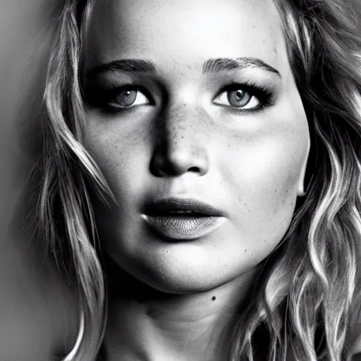 Prompt: jennifer lawrence, happy, portrait, photography, moody