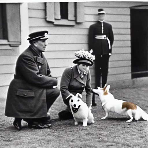 Image similar to ultra wide 1 9 4 6 blurry historical photo of a single german general kneeling, a young queen elizabeth and her brown and white corgi watch him, french village exterior, highly detailed, sharp focus