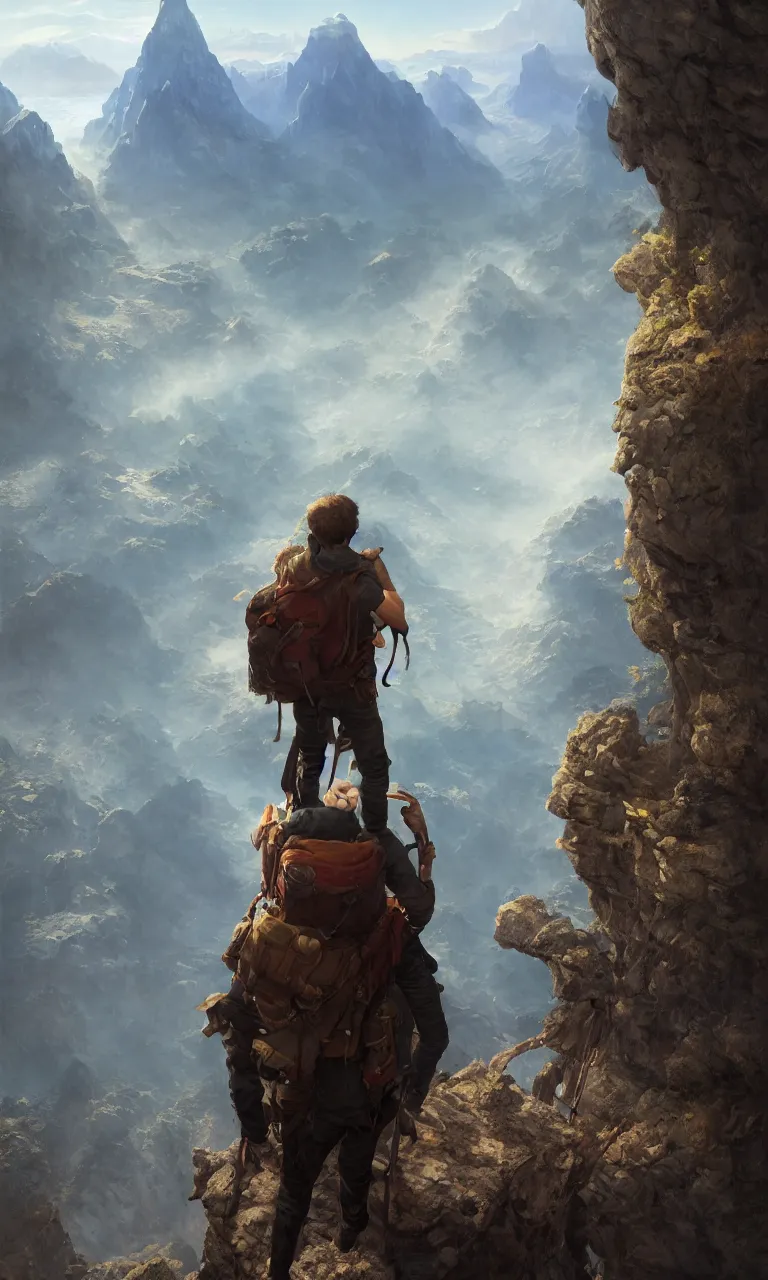 Image similar to an oil art close - up centered adventurer with a leather hiking rucksack on his back looking out to a view from a cliff looking out to a fantasy mountain landscape, 4 k, ultra detail, volumetric lighting, unreal engine, octane render, tom bagshaw, andreas rocha