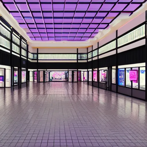 Image similar to vaporwave 9 0 s dreamy empty shopping mall, highly detailed, 3 d render, vray, octane, realistic lighting, photorealistic