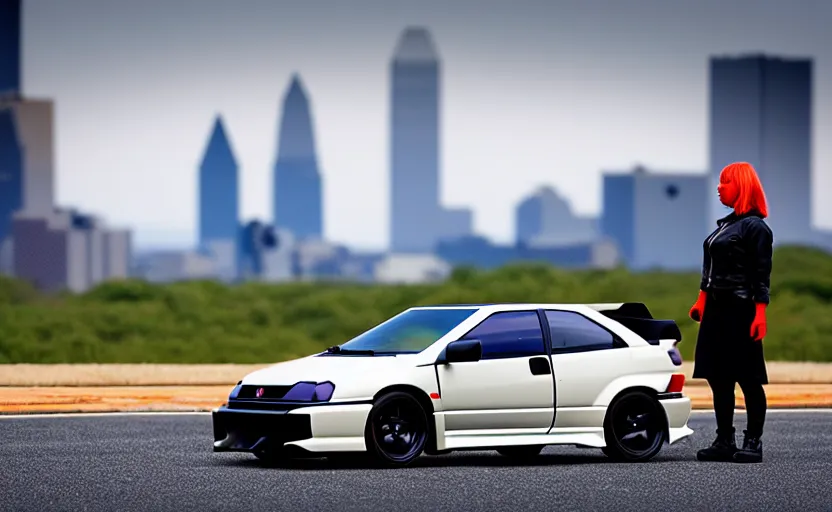 Prompt: photograph of a cell-shaded Honda EK9 Type-R next to a techwear woman standing looking off into the distance, on an Ohio road with a futuristic city in the horizon, one point perspective, 1-point perspective, tilt shift, sigma 85mm f/1.4, 4k, depth of field, high resolution, 4k, 8k, hd, full color, trending on artstation